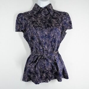 VTG Y2k Bebe Navy Blue Pink Rose Embroidered Satin Button Down Belted Blouse M